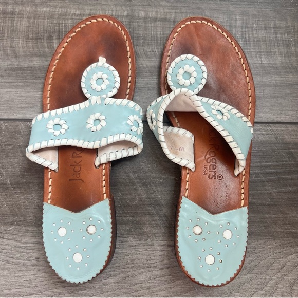 Jack Rogers Shoes - Jack Rogers Mint Blue Leather Thong Sandals with White Whipstitch - 7